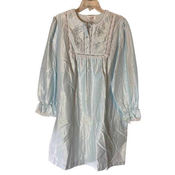 Vanity Fair Blue Long Sleeve Nightgown Lace Trim Floral Details Large - Picture 1 of 10